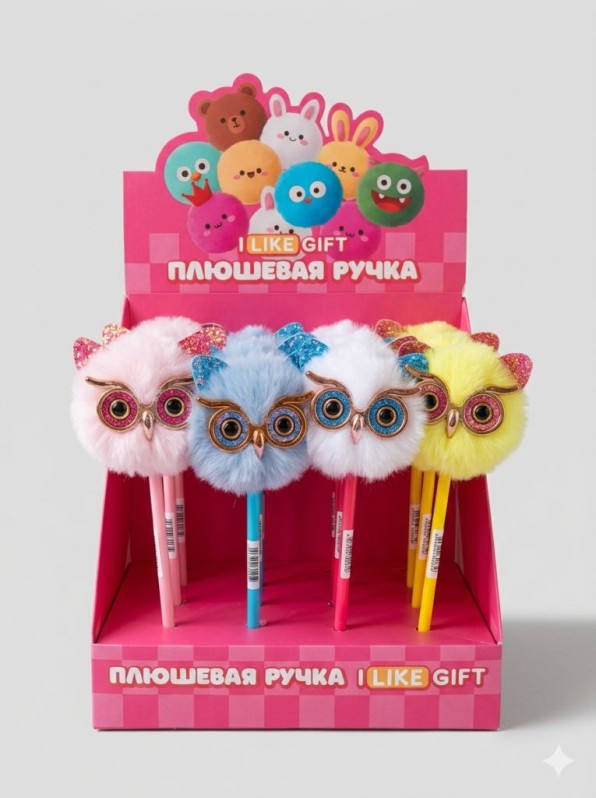 Ручка шариковая с помпоном "Пушистая сова" микс, шоубокс iLikeGift 16 шт. 