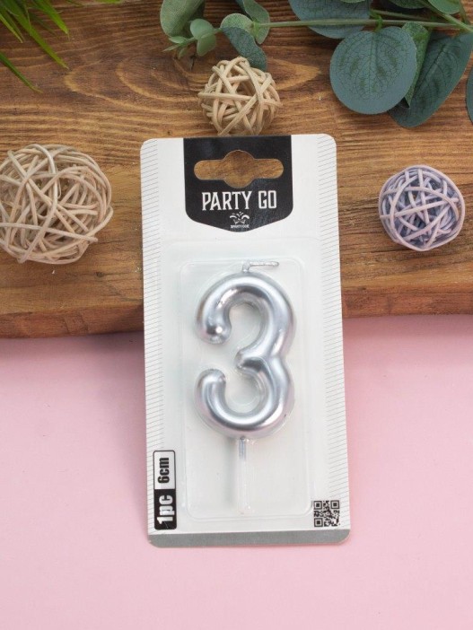 Свеча для торта &quot;Silver glow&quot; цифра 3, (6 см) 