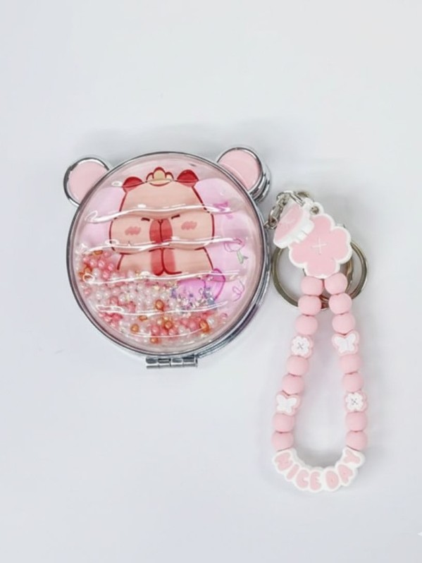 Раскладное зеркало-шейкер с брелоком "Capybara ears", розовое (7*7 см) 