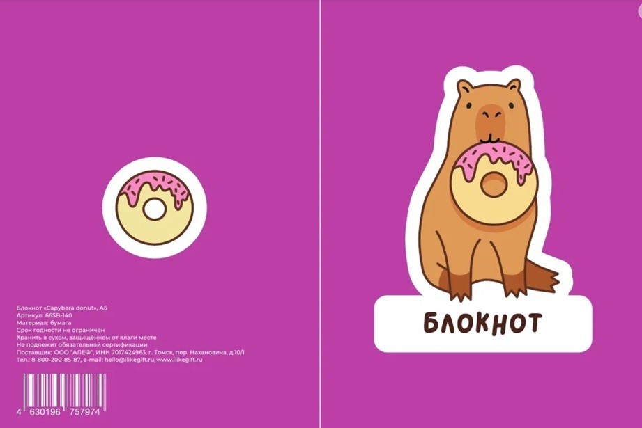 Блокнот А6 "Капибара с пончиком",