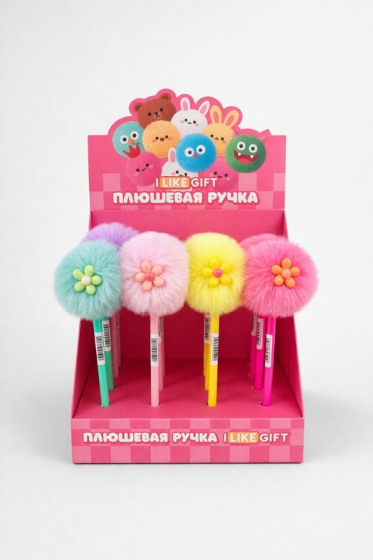 Ручка шариковая с помпоном "Мягкий цветок", микс, шоубокс iLikeGift 16 шт. 