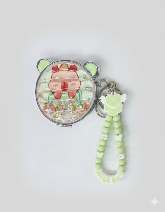 Раскладноезеркало-шейкер с брелоком "Capybara ears", зеленое (7*7 см) 