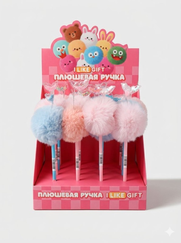 Ручка шариковая с помпоном "Хвост русалки" микс, шоубокс iLikeGift 16 шт. 