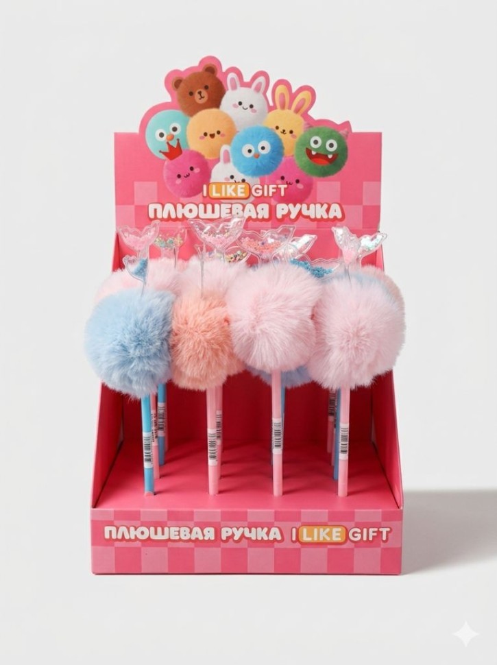 Ручка шариковая с помпоном "Хвост русалки" микс, шоубокс iLikeGift 16 шт.