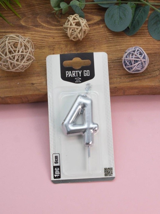 Свеча для торта &quot;Silver glow&quot; цифра 4, (6 см) 