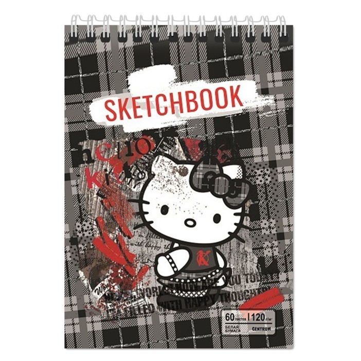 Скетчбук А5 &quot;Hello Kitty. Серая клетка&quot;, 60 л, на гребне, плотность 120 г/м2 (201х147 мм) 