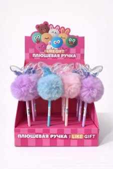 Ручка шариковая с помпоном "Бабочка" микс, шоубокс iLikeGift 16 шт.