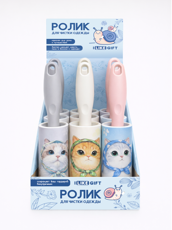 Ролик для чистки одежды "Cat in a scarf", 10 см*60 листов, шоу-бокс iLikeGift 12 шт. 