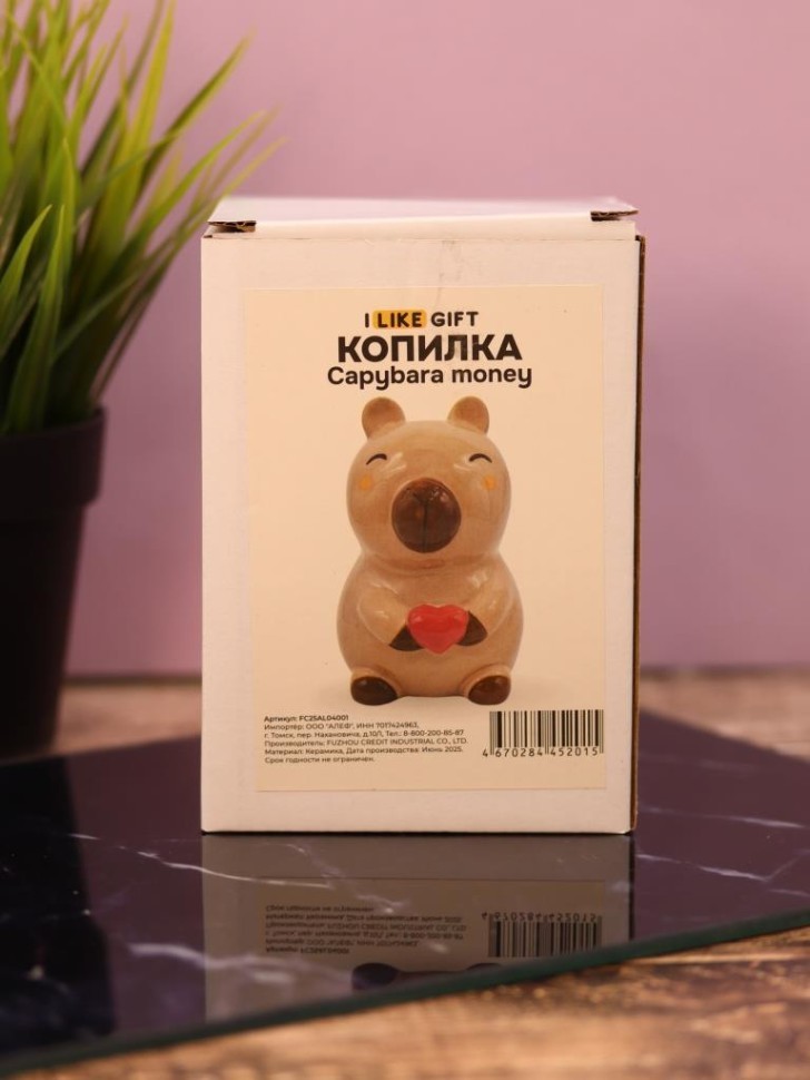 Копилка керамическая "Деньги капибары", коричневая (9,2х9,2х12,1 см)