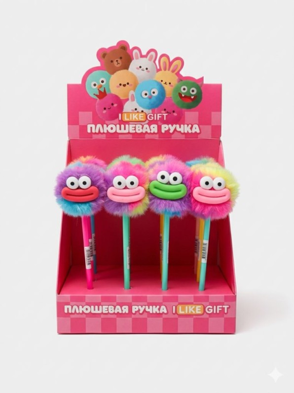 Ручка шариковая с помпоном "Радужное лицо" микс, шоубокс iLikeGift 16 шт. 
