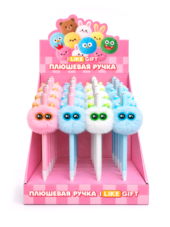 Ручка гелевая с помпоном "Милые глазки" микс, шоубокс iLikeGift 16 шт.