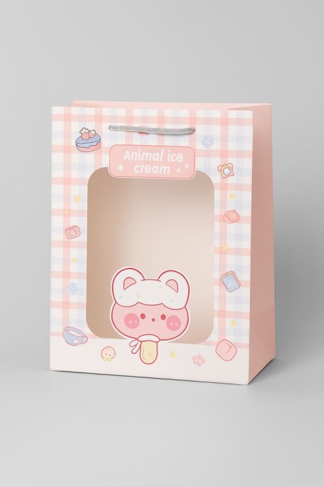 Пакет подарочный (M) "Lovely animals, plaid", pink (33*25*12) 