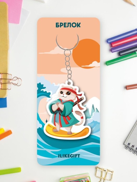 Брелок ECO из дерева iLikeGift «Кот-сёрфер» 