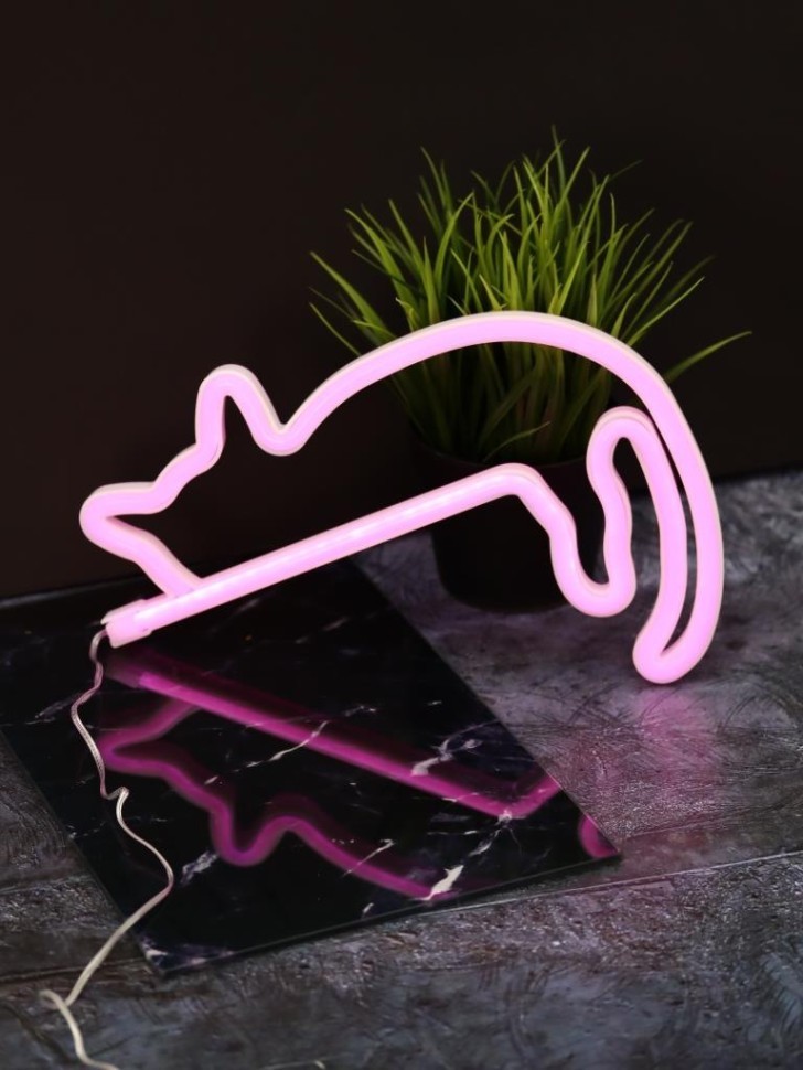 Неоновый подвесной ночник "Милый котик спит", USB, розовое свечение (27,5*20 см)