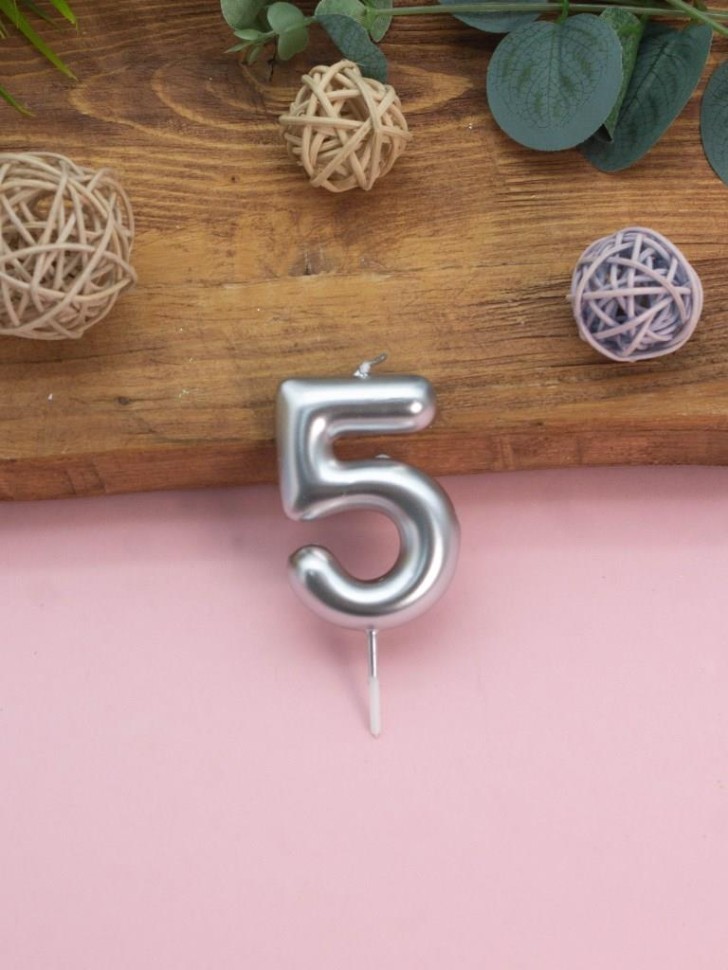 Свеча для торта "Серебряное сияние" цифра 5, (6 см)