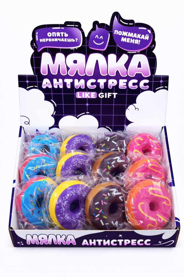 Мялка - антистресс "Пончик", шоу-бокс 12 шт.