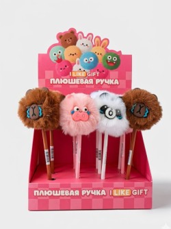 Ручка шариковая с помпоном "Пушистые друзья" микс, шоубокс iLikeGift 16 шт.