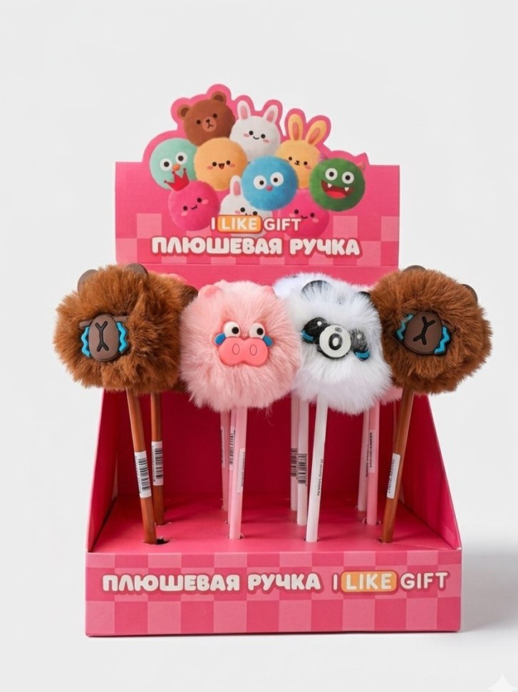 Ручка шариковая с помпоном "Пушистые друзья" микс, шоубокс iLikeGift 16 шт.