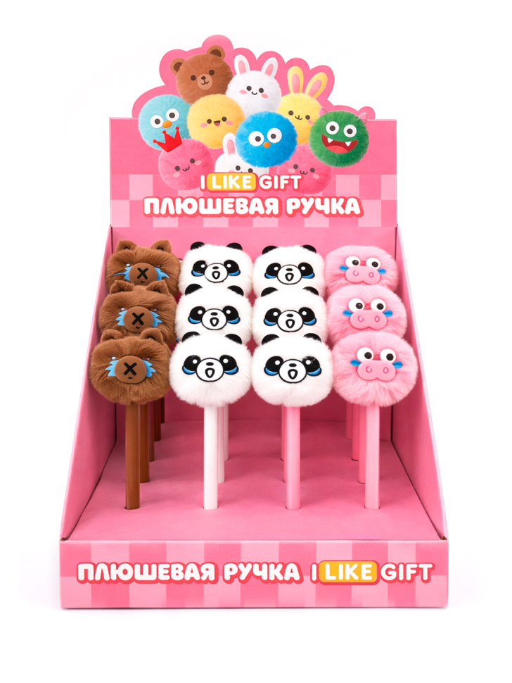 Ручка шариковая с помпоном "Пушистые друзья" микс, шоубокс iLikeGift 16 шт.