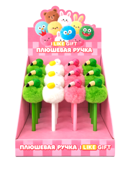 Ручка шариковая с помпоном "Фламинго" микс, шоубокс iLikeGift 16 шт.