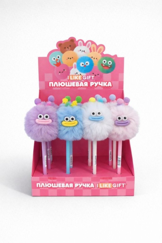 Ручка шариковая с помпоном "Веселая мордочка" микс, шоубокс iLikeGift 16 шт. 