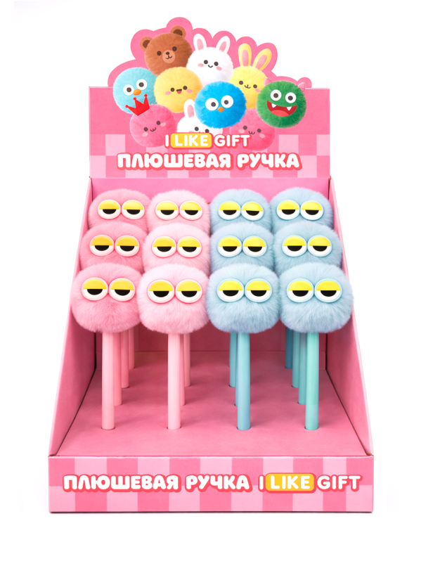 Ручка шариковая с помпоном "Сонные глазки" микс, шоубокс iLikeGift 16 шт.