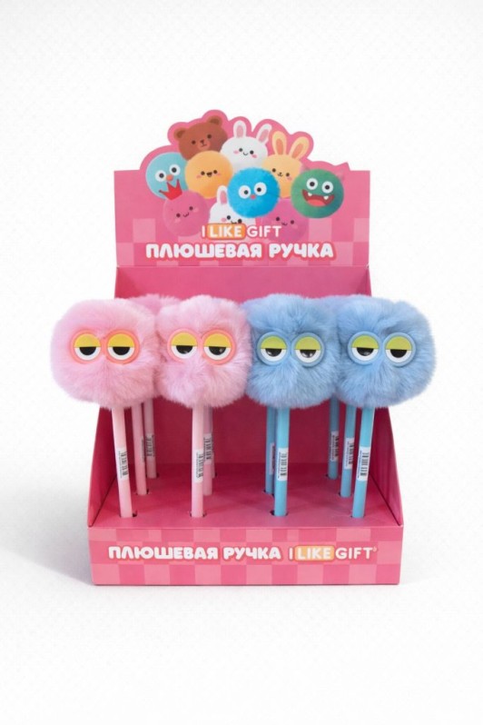 Ручка шариковая с помпоном "Сонные глазки" микс, шоубокс iLikeGift 16 шт.