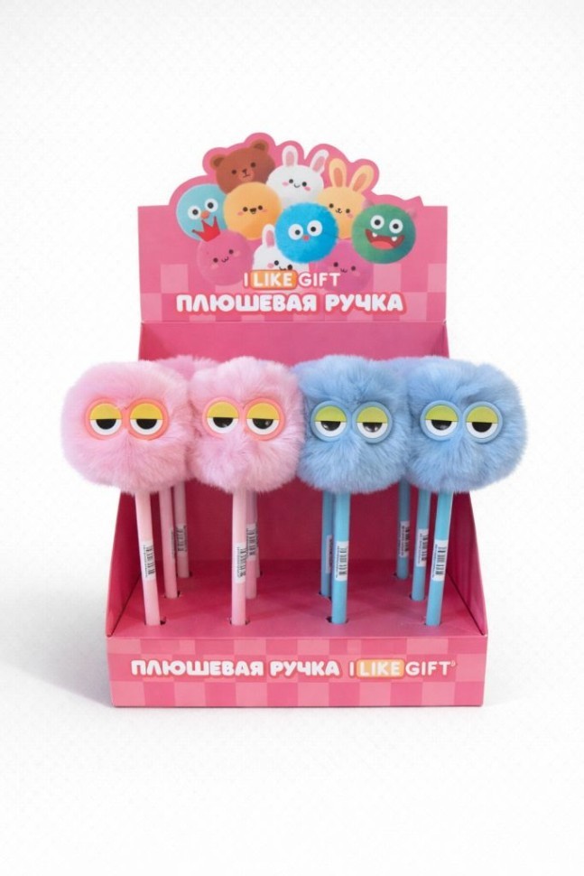 Ручка шариковая с помпоном "Сонные глазки" микс, шоубокс iLikeGift 16 шт.
