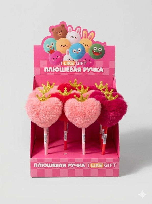Ручка шариковая с помпоном "Королева сердец" микс, шоубокс iLikeGift 16 шт. 