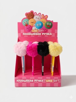 Ручка шариковая с помпоном "Мягкие сердца" микс, шоубокс iLikeGift 16 шт.