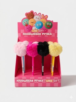 Ручка шариковая с помпоном "Мягкие сердца" микс, шоубокс iLikeGift 16 шт.