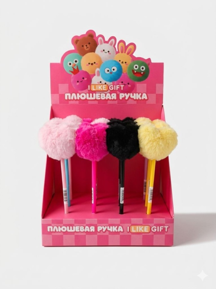 Ручка шариковая с помпоном "Мягкие сердца" микс, шоубокс iLikeGift 16 шт.