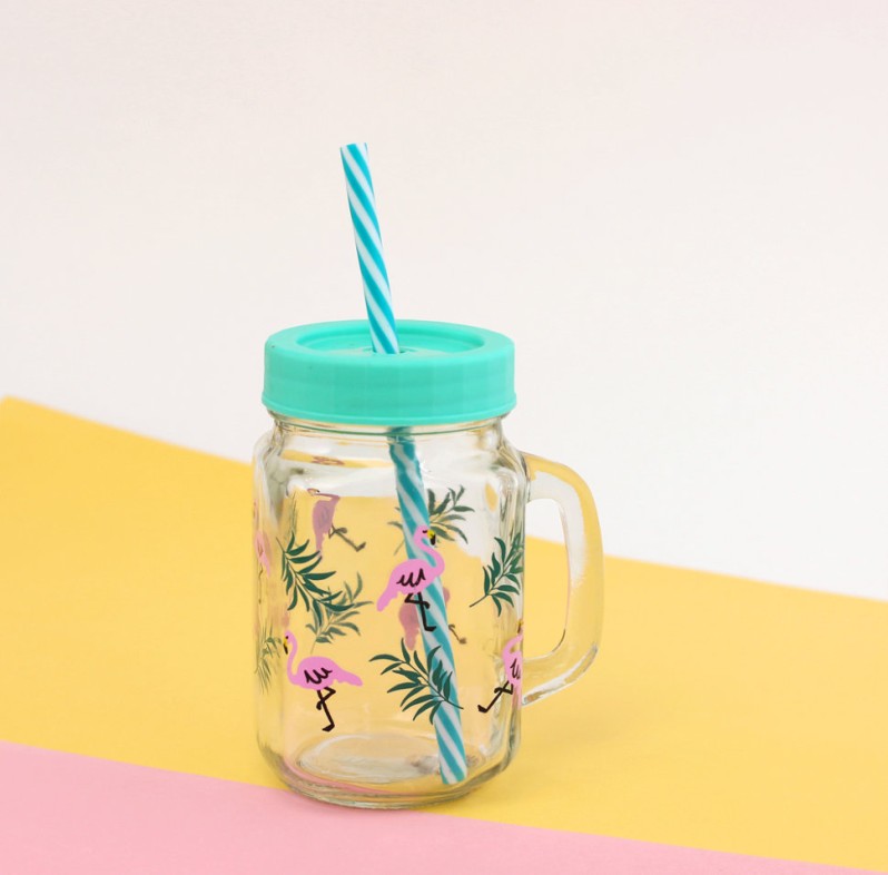 Кружка банка для напитков с трубочкой "Flamingo" green 