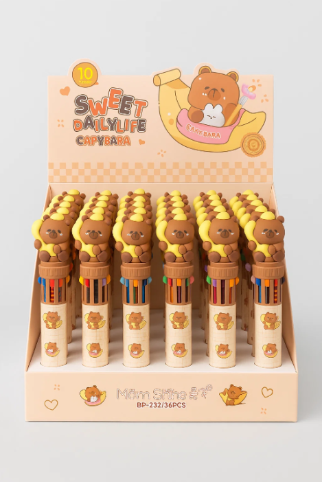 Разноцветная ручка 10 в 1 "Capybara in bed", yellow, шоу-бокс 36 шт. 