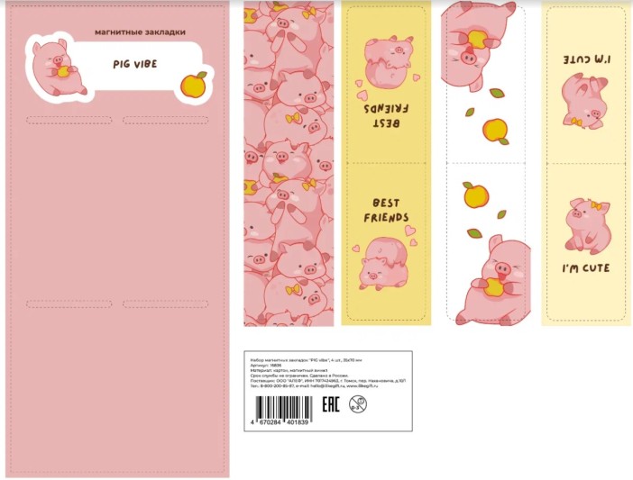 Набор магнитных закладок «PIG vibe», 4 шт., 35х70 мм 
