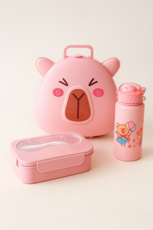 Набор ланчбокс 800 мл и бутылка 450 мл "Cute capybara", pink (наклейки для украшения внутр 