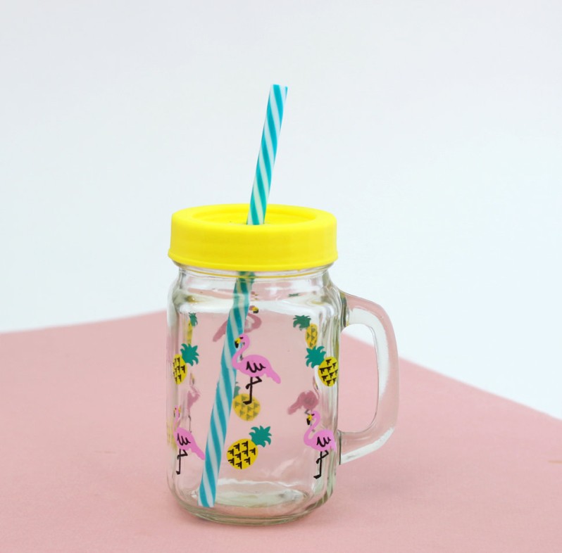 Кружка банка для напитков с трубочкой &quot;Flamingo&quot; yellow 
