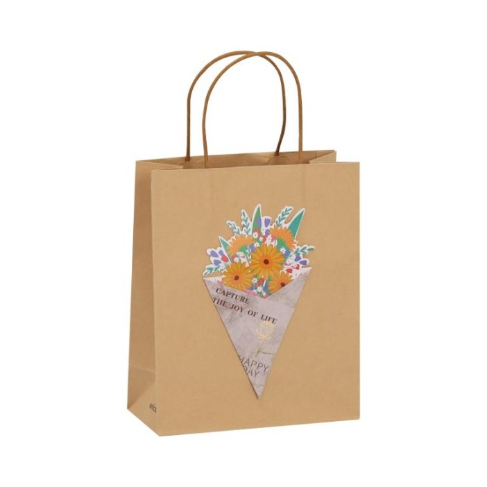 Пакет подарочный крафтовый «Brown Kraft», yellow flowers (21*25,5*10) 