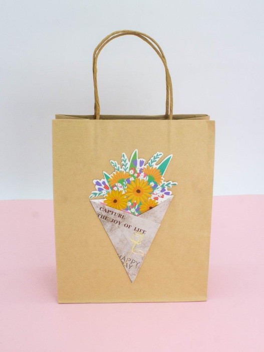 Пакет подарочный крафтовый «Brown Kraft», yellow flowers (21*25,5*10) 