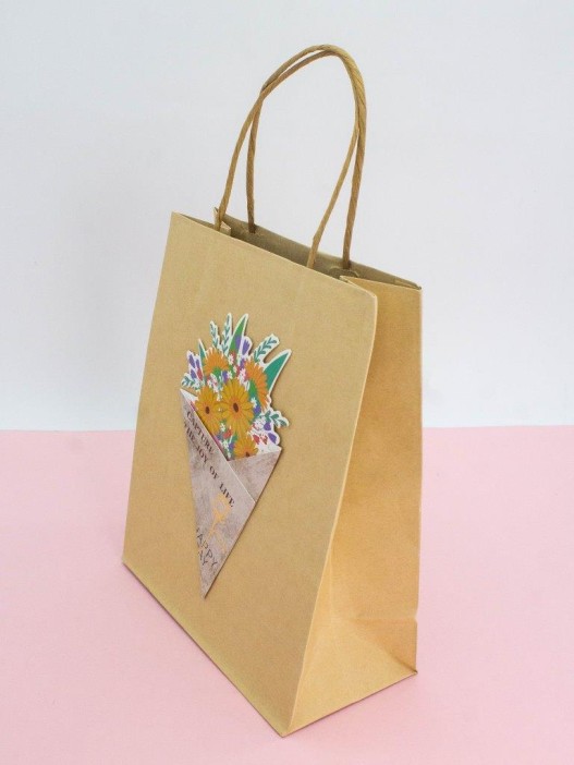 Пакет подарочный крафтовый «Brown Kraft», yellow flowers (21*25,5*10) 