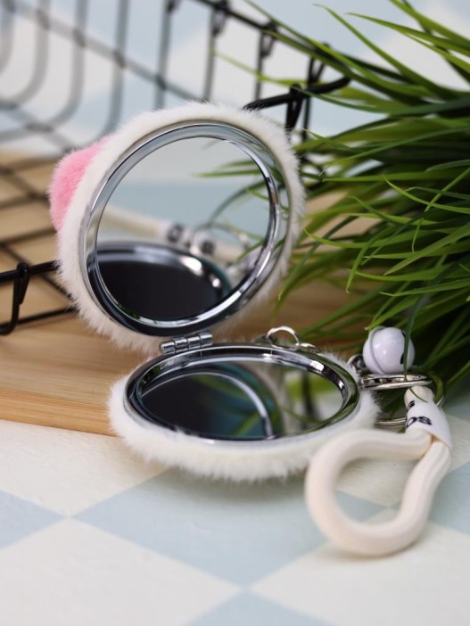 Плюшевое раскладное зеркало брелок "Cat", розовое (7*7 см) 