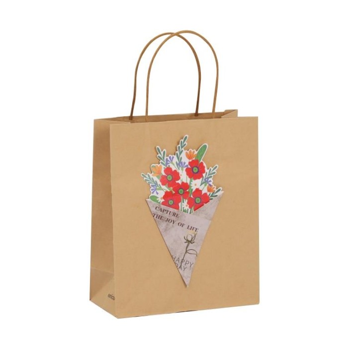 Пакет подарочный крафтовый «Brown Kraft», red flowers (21*25,5*10) 