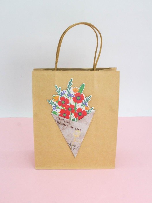 Пакет подарочный крафтовый «Brown Kraft», red flowers (21*25,5*10) 