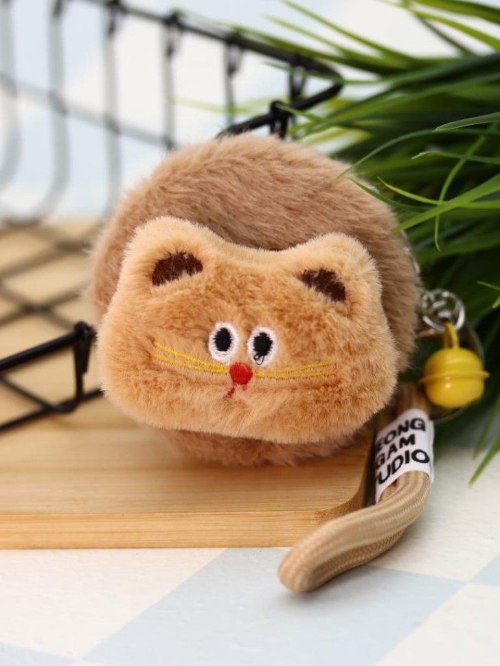Плюшевое раскладное зеркало с брелоком "Кот", коричневое (7*7 см)