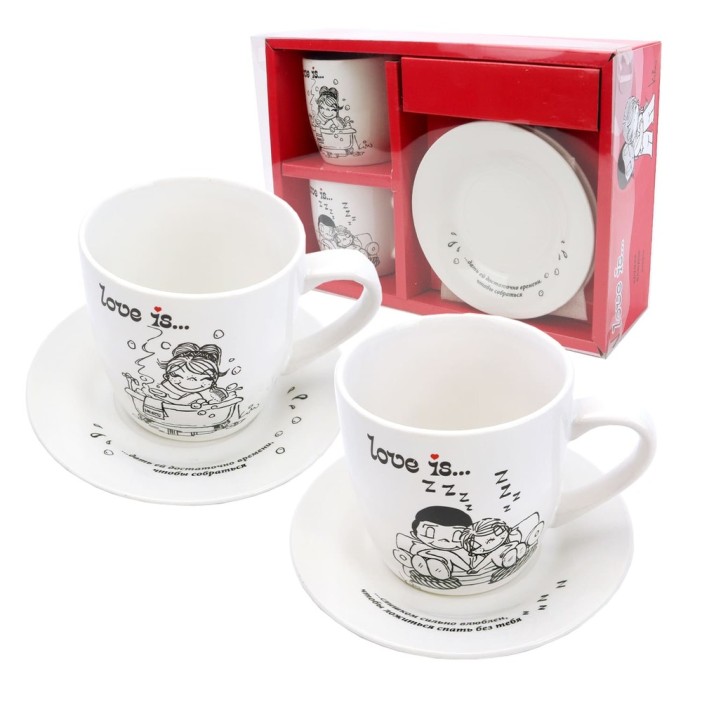 Набор чайных пар (4 предмета) в подарочной упаковке &quot;Love is...&quot;, фарфор (360 мл, 15,3 см) 