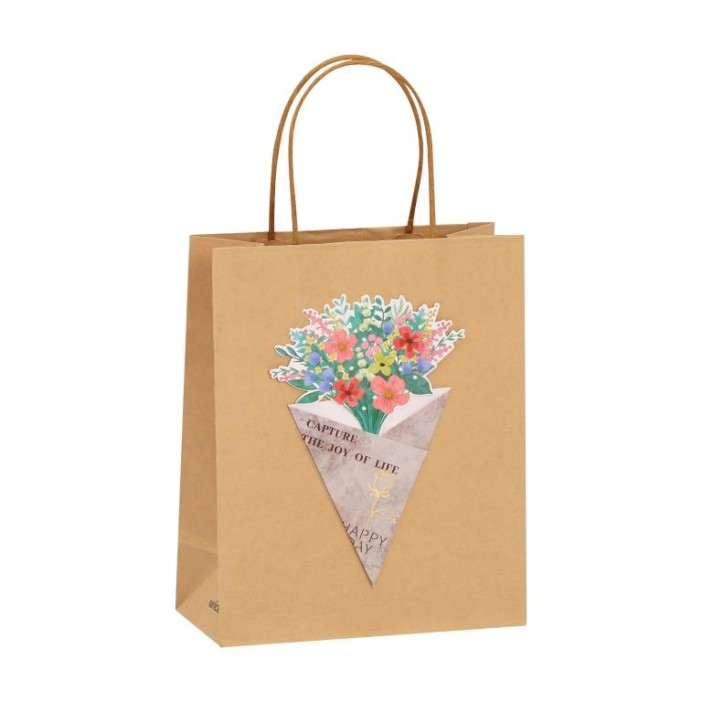 Пакет подарочный крафтовый «Brown Kraft», multi-colored flowers (21*25,5*10) 