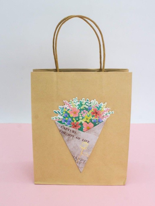 Пакет подарочный крафтовый «Brown Kraft», multi-colored flowers (21*25,5*10) 