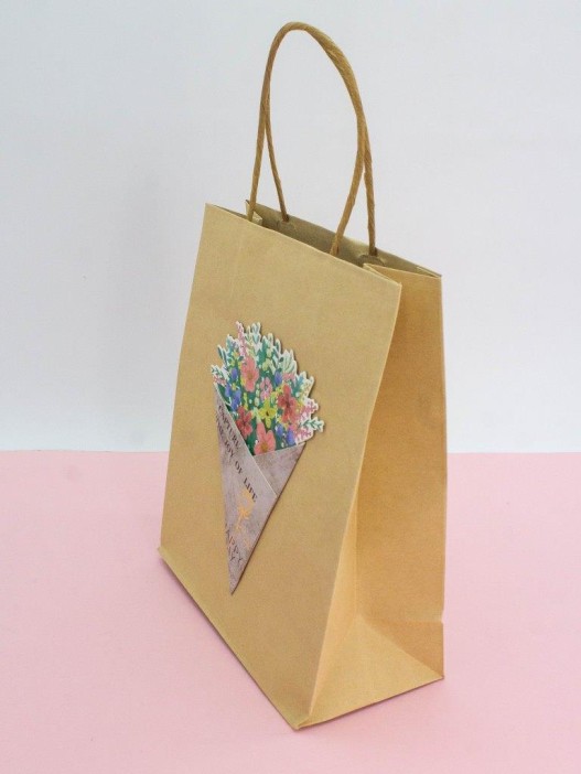 Пакет подарочный крафтовый «Brown Kraft», multi-colored flowers (21*25,5*10) 