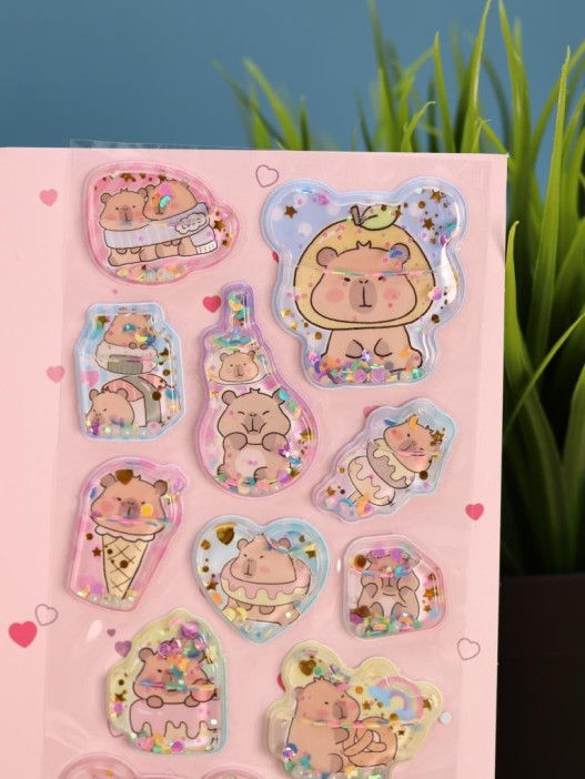 Набор гелевых наклеек с блёстками + брелок "Capybara", голубые (11,5*21 см) 