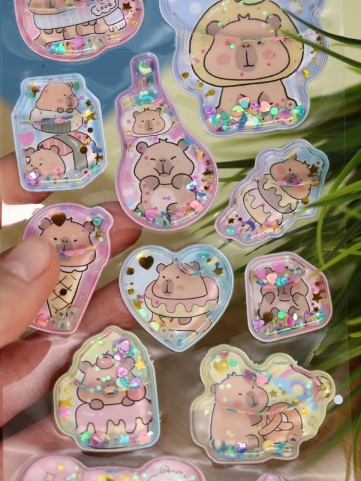 Набор гелевых наклеек с блёстками + брелок "Capybara", голубые (11,5*21 см) 